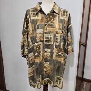 Mens Hawaiian Green Tan Neutral Button Tropical Beach Short Sleeve Shirt XXL 2X